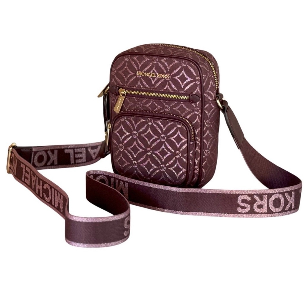 NWT Michael Kors Jet Set Metallic Logo Jacquard Crossbody Bag Patterned Burgundy
